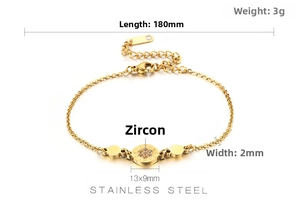 Detailed dimensions of gold stainless steel zircon bracelet with 180mm length spec