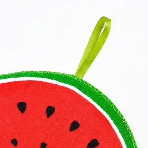 Hanging watermelon pattern hand towel with absorbent fabric and green lanyard loop