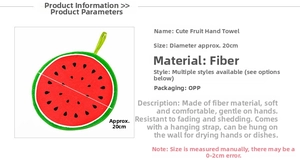 Detail view of round watermelon hand towel with hanging loop and 20cm diameter spec