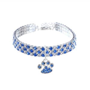Elastic rhinestone pet collar with blue and white crystals and silver paw pendant