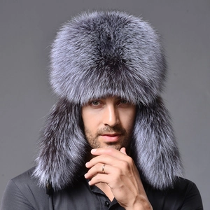 Winter fox fur ushanka trapper hat in silver gray with thick ear flaps for men and women