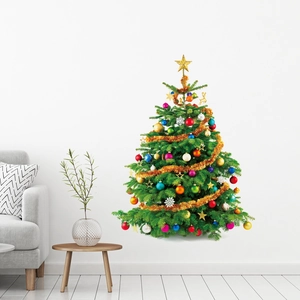 Colorful Christmas tree wall decal with ornaments in a minimalist Nordic living room