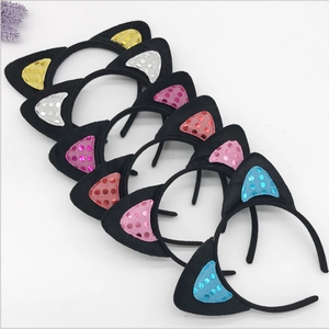 Plush black cat ears headband set with vibrant sequins for parties and festivals