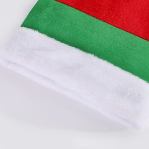 Striped velvet Christmas elf hat with plush white faux fur trim in red and green