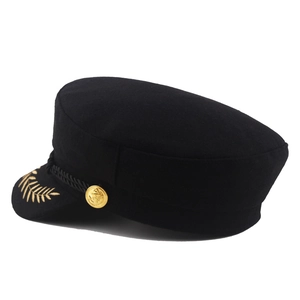 Black wool blend sailor cap with gold wheat embroidery and anchor button details