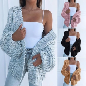 Thick knit mohair cardigans shown in light blue, pink, black and camel brown colors