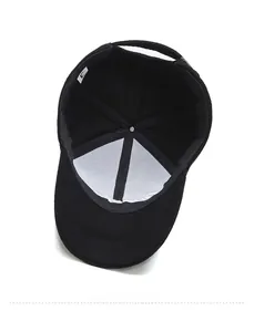 Detail view of the black baseball cap interior with sweatband and reinforced stitching