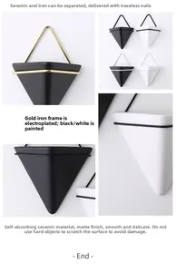 Detail of detachable ceramic wall planter with matte finish and gold metal iron frame