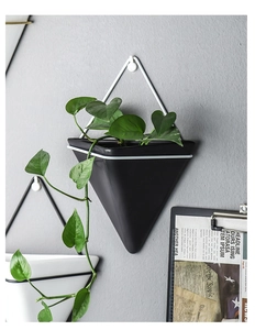 Detail of minimalist black geometric wall planter with metallic hanging bracket and plant