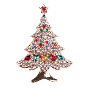 Sparkling Christmas tree brooch with colorful rhinestones on a golden alloy base