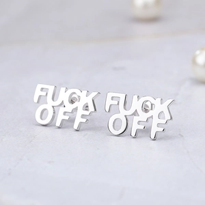 Modern silver 'FUCK OFF' letter stud earrings with a polished metallic finish