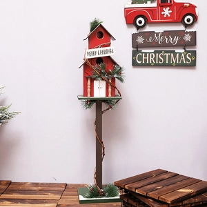 Wooden Christmas decorative birdhouse pillar with red house and green base for holiday decor