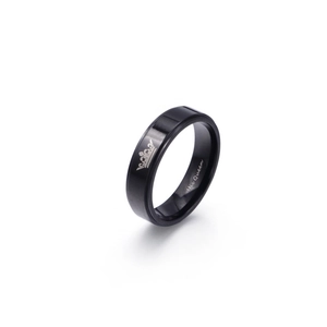 Bague couple minimaliste en acier titane noir avec gravure His Queen et motif couronne argent