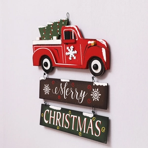 Wooden Christmas hanging sign with red truck and tree, featuring Merry Christmas text