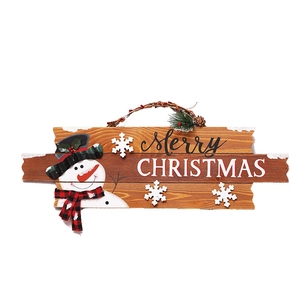 Wooden Merry Christmas sign featuring snowman and snowflakes with hanging rope on white background