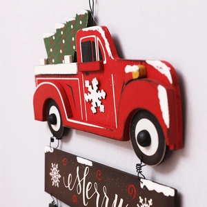 Wooden Christmas red truck with green tree hanging ornament featuring Merry text sign