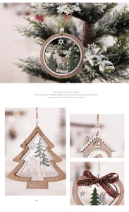 Detailed view of hollowed wooden Christmas ornaments with snowflake patterns on festive tree
