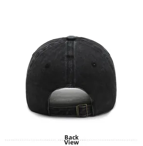 Detail view of the adjustable metal buckle and washed denim texture on the back of the cap