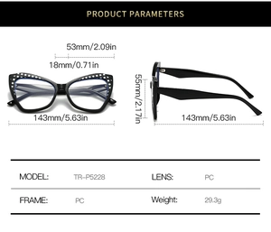 Detaillierte Produktparameter des TR90-Cateye-Brillengestells mit Abmessungen und Gewicht