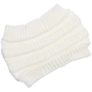 Detail of thick cream white cable knit headband with elastic pleated texture for winter