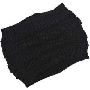 Close-up of black knitted headband featuring thick elastic texture and wave pattern