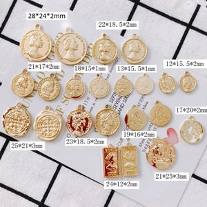 Vintage gold coin pendants with Elizabeth II motifs in various geometric shapes