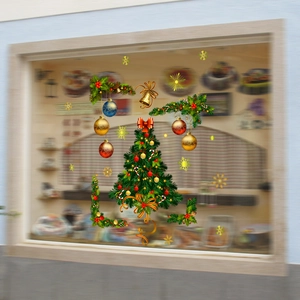 Festive Christmas tree and golden ornament window stickers for holiday home shop decoration