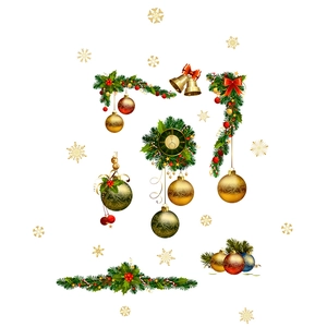 Christmas wall decal set with golden bells, ornaments, and clock wreath illustrations