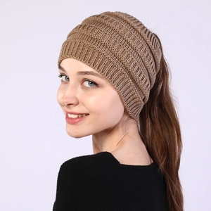 Women's khaki knit ponytail headband hat for winter, stylish wide braided ear warmer