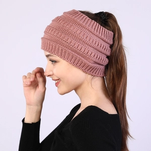 Women Knitted Headband Winter Warm Ponytail Beanie Hat Acrylic Thick Wide Hair Band Messy Bun Elastic Headwrap