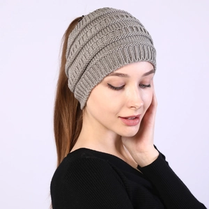 Women's grey cable knit ponytail headband wide winter ear warmer beanie hat