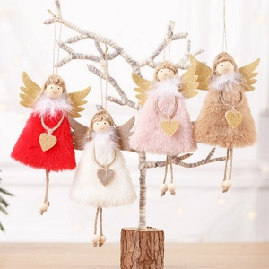 Christmas Angel Plush Hanging Ornaments With Glitter Wings Heart Pendant Wooden Beads For Tree Home Festive Decor Cute