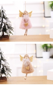 Detail of plush Christmas angel hanging ornaments in pink and brown with wooden beads
