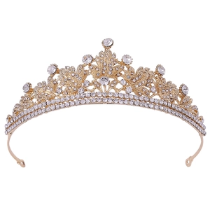 Golden bridal crown tiara featuring sparkling white rhinestones and leaf pattern