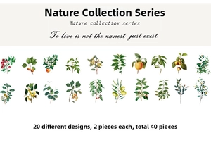 Detailed flat lay of 40 pieces PET stickers featuring vintage botanical and fruit patterns