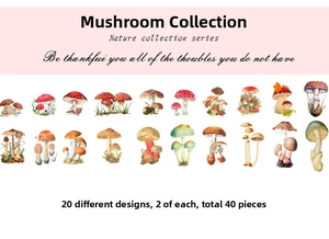 Detail view of 40 pieces botanical mushroom PET stickers for creative DIY scrapbooking crafts