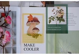 Detail of PET stickers featuring colorful mushrooms and botanical plants on a desk
