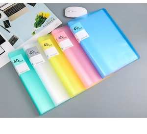 Detail of colorful 40-pocket PP file folders with transparent inner sleeves for A4 paper