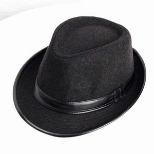 Classic dark grey fedora hat with black leather trim and wool texture for men and women