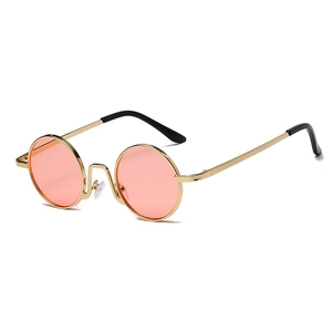 Retro round metal sunglasses with pink lenses and gold frame for vintage hip-hop style