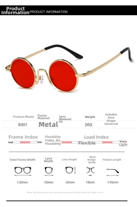 Detailed size specifications for vintage small round metal sunglasses with red lenses