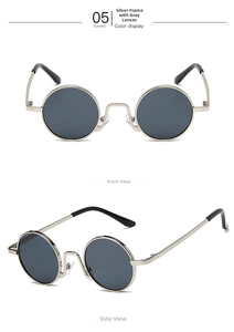 Front and side view of silver metal round sunglasses with dark grey lenses