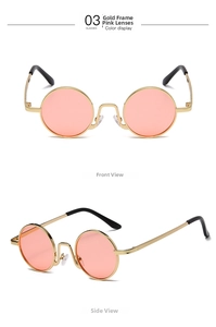 Detail show of retro round gold metal frame sunglasses with pink translucent lenses