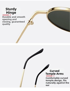 Detail of sturdy gold metal hinges and curved temples with anti-slip tips for round sunglasses