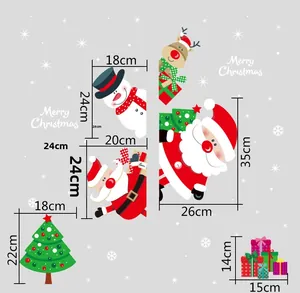 Size chart showing Santa, Snowman, and Christmas tree window stickers with dimensions