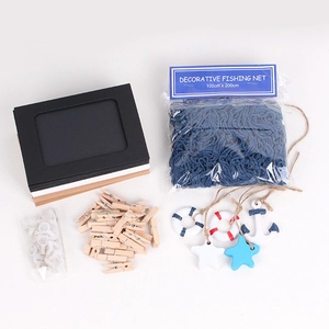 Blue 1x2m Mediterranean decorative fishing net with photo frames and marine pendants