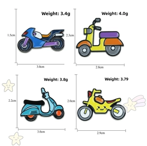 Set of four motorcycle enamel pins with vintage scooter designs and product dimensions