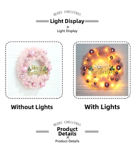 Pink Christmas wreath with LED lights and golden Merry Christmas sign for door decor