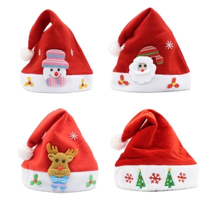Classic red Christmas hats set featuring velvet snowman, Santa, reindeer, and tree designs