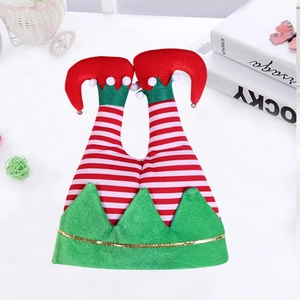 Christmas elf hat with striped legs and green jagged rim for festive party decor
